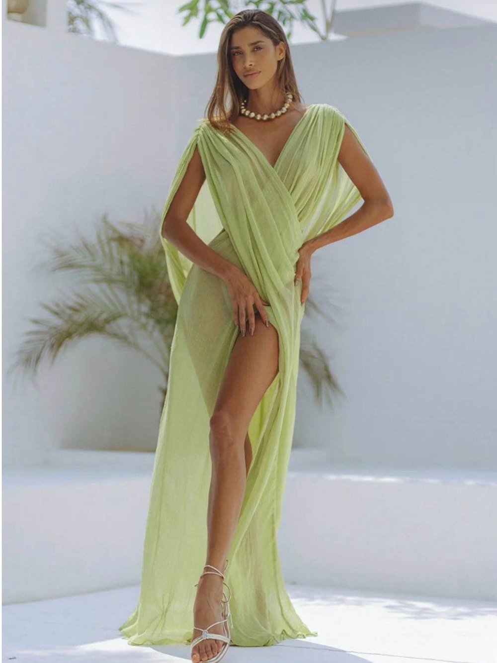 A Classy Chic Boutique Sheer Lime Green Draped Maxi Cover-Up